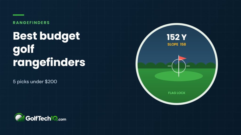 Illustration of a golf rangefinder viewfinder locked on a flag, showing 152 yards with a slope-adjusted reading of 158 and a flag lock indicator