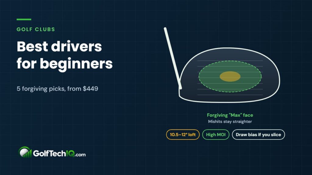Diagram of a forgiving golf driver face with a large shaded sweet spot zone, plus labels for 10.5 to 12 degree loft, high MOI and draw bias if you slice