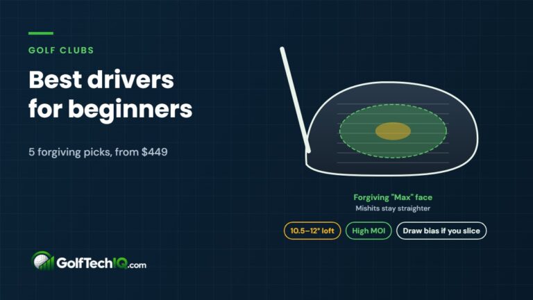 Diagram of a forgiving golf driver face with a large shaded sweet spot zone, plus labels for 10.5 to 12 degree loft, high MOI and draw bias if you slice