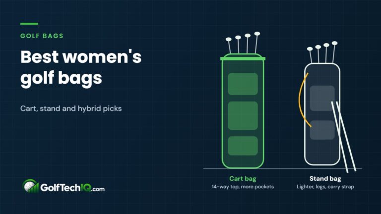 Diagram comparing a golf cart bag with a 14-way top and several pockets to a lighter stand bag with fold-out legs and a carry strap