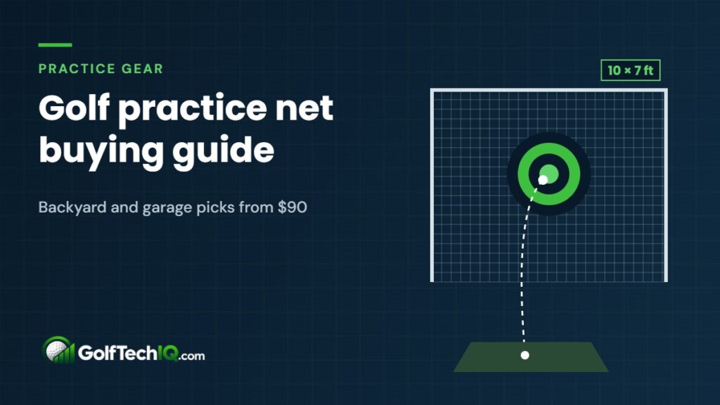 Illustration of a 10 by 7 foot golf practice net with a target, a hitting mat and a ball flying into the net