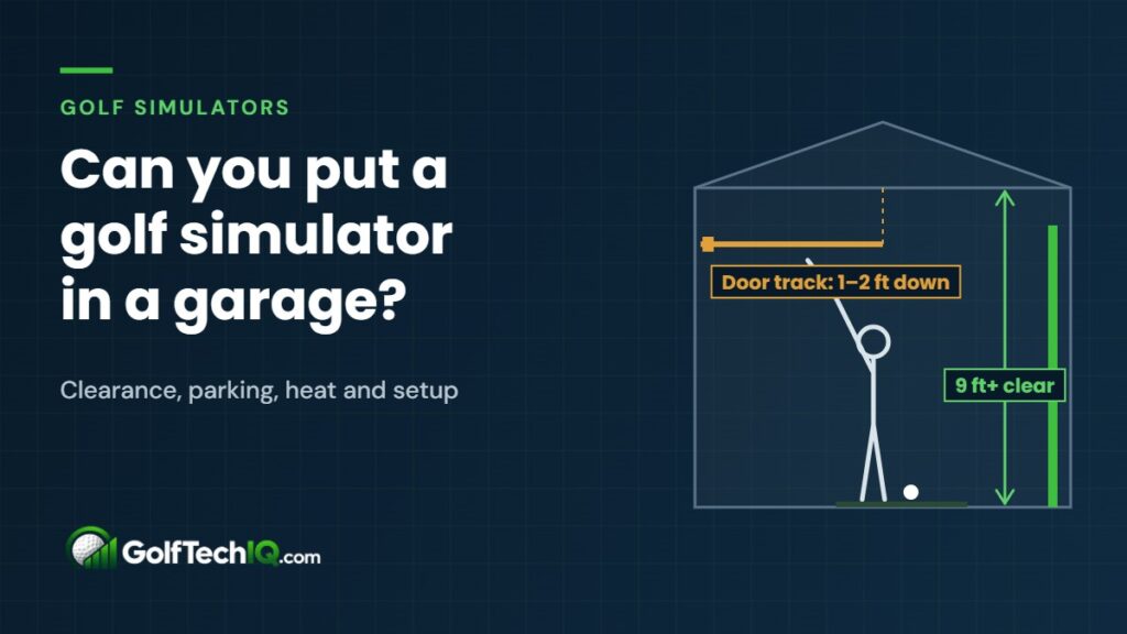 Side-view diagram of a garage golf simulator showing the garage door track hanging 1 to 2 feet below the ceiling and 9 feet of clear swing height