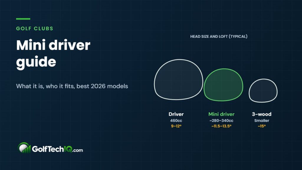 Size comparison of golf club heads from above: a 460cc driver, a highlighted mini driver of about 280 to 340cc with 11.5 to 13.5 degrees of loft, and a smaller 3-wood at about 15 degrees