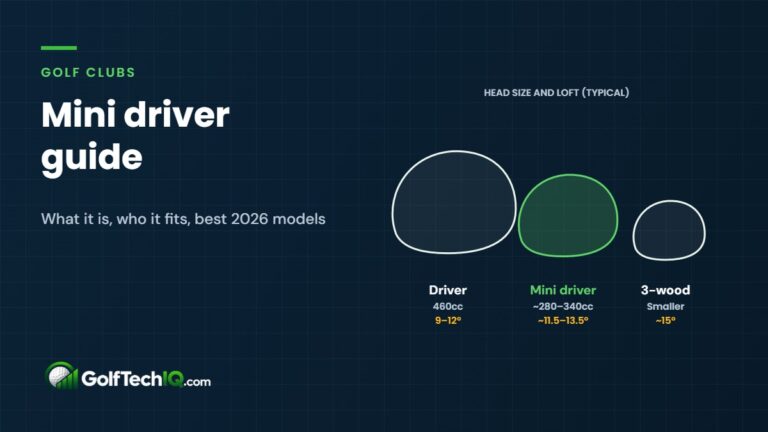 Size comparison of golf club heads from above: a 460cc driver, a highlighted mini driver of about 280 to 340cc with 11.5 to 13.5 degrees of loft, and a smaller 3-wood at about 15 degrees